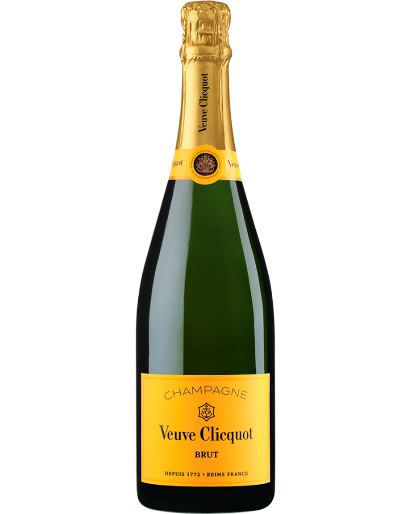 Flasche Veuve Clicquot Champagner Brut Yellow Label mit gelbem Etikett und goldener Kapsel, auf einem stilvollen Hintergrund.