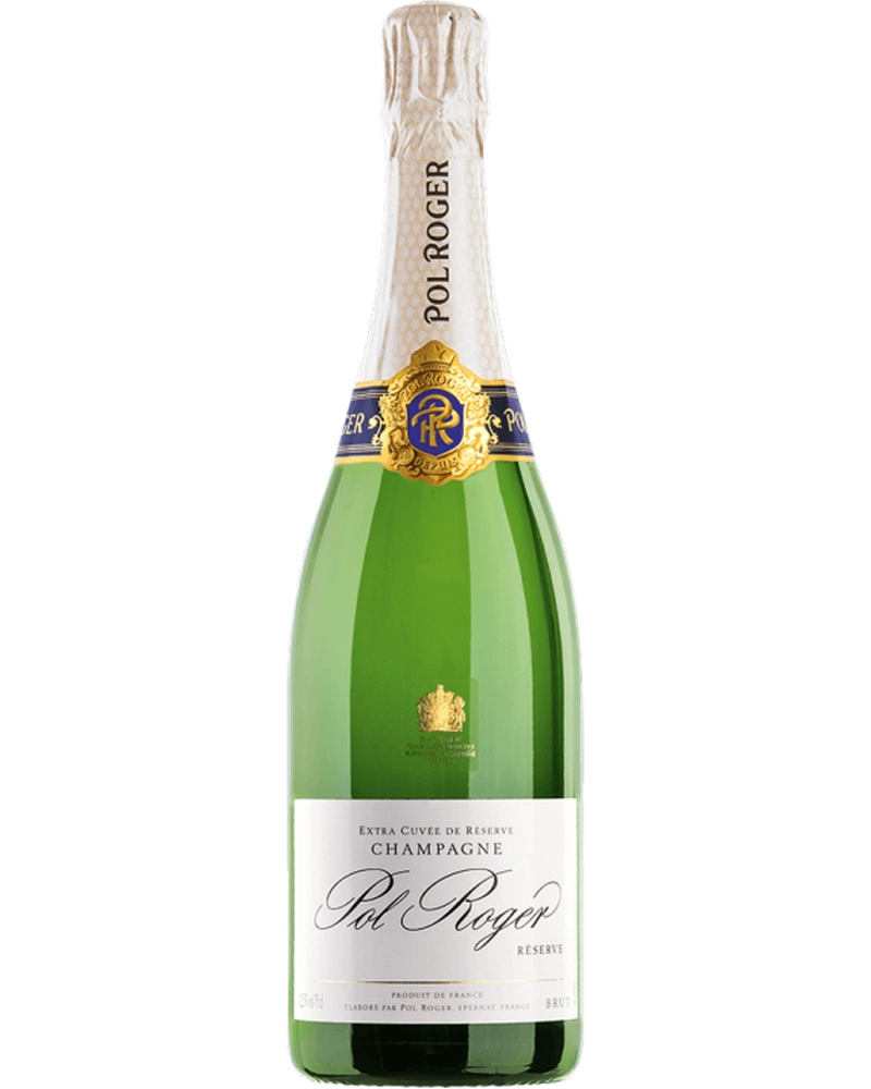 Flasche Pol Roger Champagne Brut Réserve Schaumwein mit goldener Flasche und elegantem Etikett, auf einem Weintisch stehend