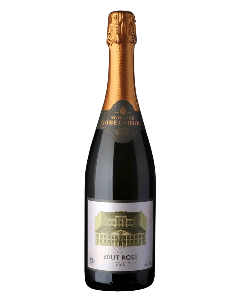 Schloss Gobelsburg Brut Rosé Niederösterreich Sekt, schäumender Schaumwein in einer eleganten Flasche, mit Perlen und rosafarbenem Etikett