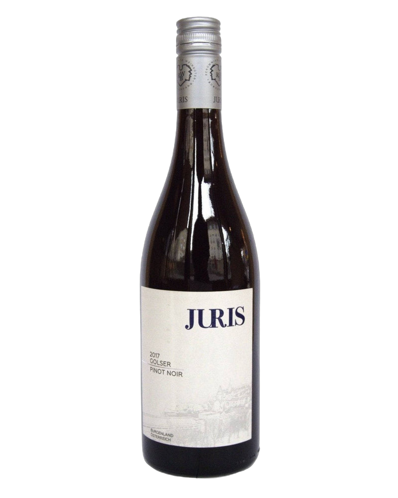 Juris Golser Pinot Noir 2017 Rotwein in einer Weinflasche auf einem Tisch, mit dunkler Farbe und elegantem Etikett.