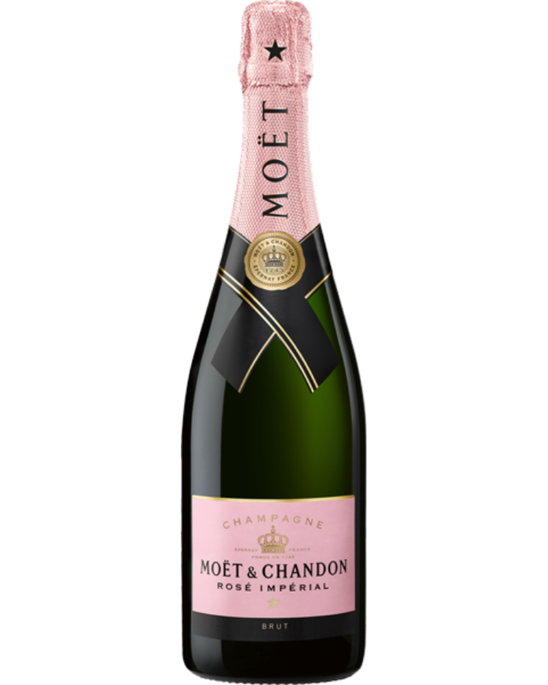 Flasche Moët & Chandon Imperial Brut Rosé Schaumwein mit goldener Etikette auf einem Glas.