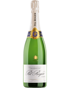 Flasche Pol Roger Champagne Brut Réserve Schaumwein mit goldener Flasche und elegantem Etikett, auf einem Weintisch stehend