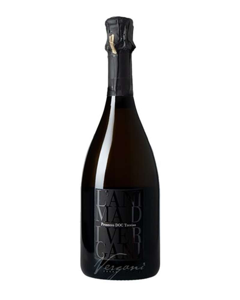 Flasche Prosecco DOC BRUT L'ANIMA Extra Dry von Vergani, Schaumwein mit goldener Etikette und eleganter Flasche