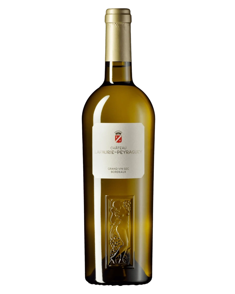 Helles Weißwein Château Lafaurie-Peyraguey Grand Vin Sec Bordeaux 2022 in einem Weinglas, Flasche im Hintergrund