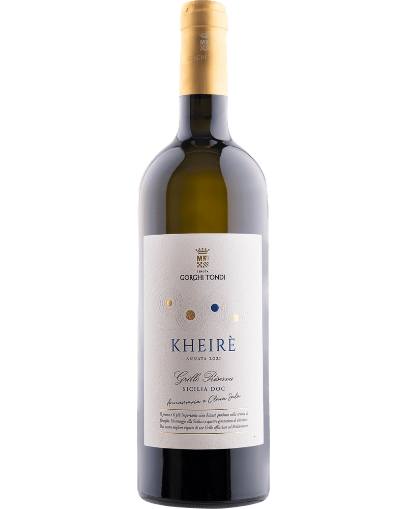 Bottle of Grillo KHEIRÈ Riserva 2022 DOC Sicilia Weisswein by Gorghi Tondi, showcasing elegant label design and color.