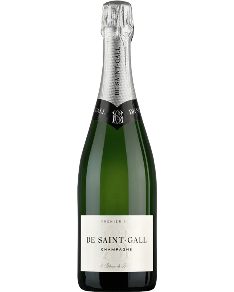 Champagne Blanc de Blancs Brut 1er cru von Champagne De Saint-Gall, elegante Flasche mit Schaumwein, stilvoll präsentiert.