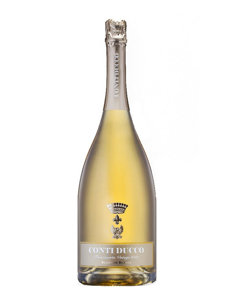 Flasche Conti Ducco Franciacorta Vintage Blanc de Blancs 2020 Schaumwein, edles Design, elegante Präsentation vor einem weißen Hintergrund.