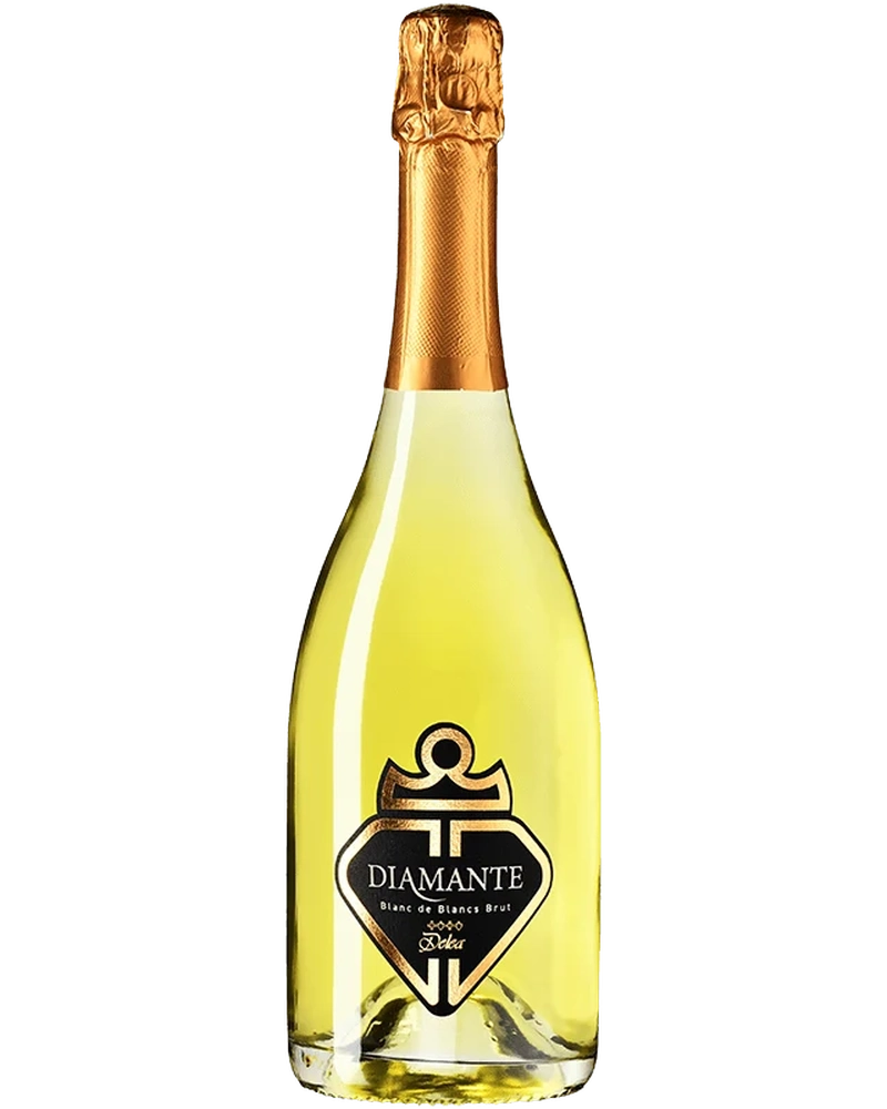 Flasche Diamante Blanc de Blancs Brut Ticino DOC 2022 Schaumwein von GrapeFactory GmbH, elegante Flasche mit goldener Etikette