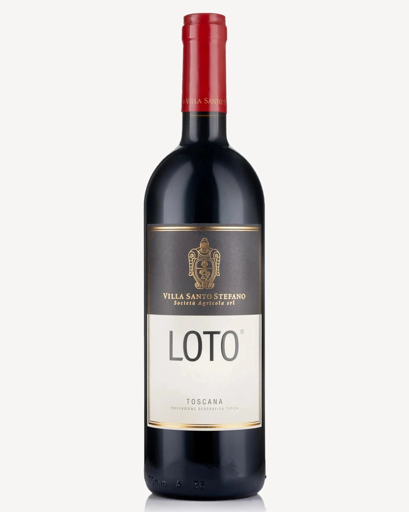 Villa Santo Stefano Loto Toscana IGT 2022 Rotwein in Weinflasche, dunkle Farbe, elegante Flasche, hochwertiger Rotwein aus Italien