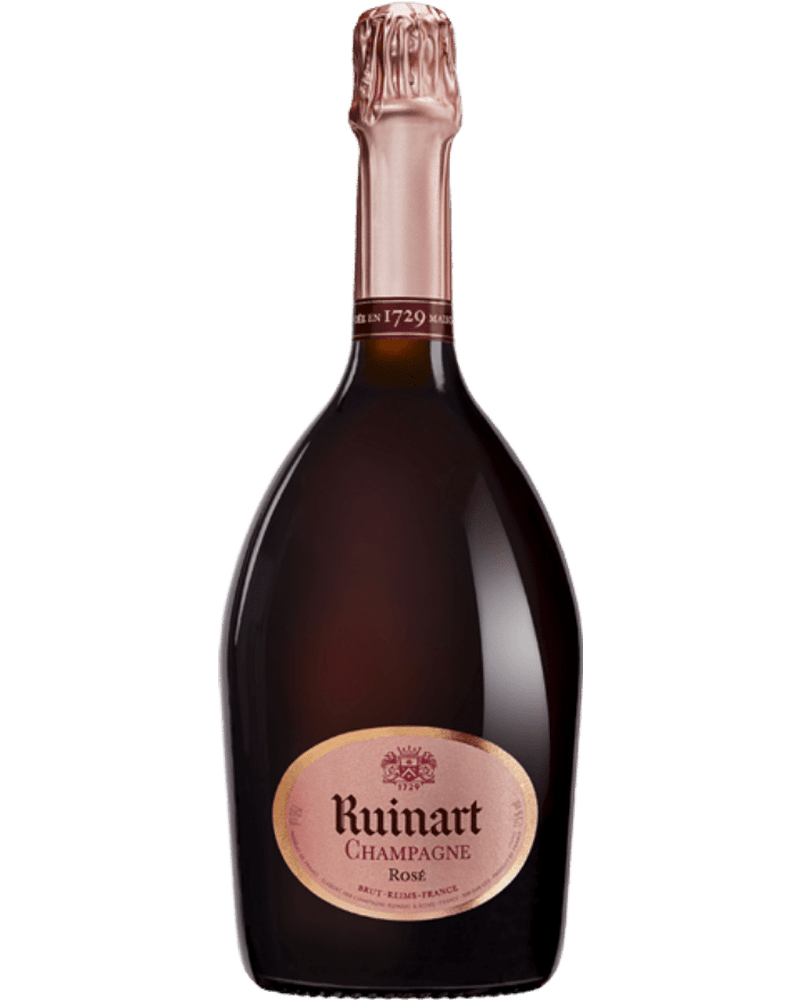 Ruinart Rosé Brut Schaumwein in Flasche, Maison Ruinart Champagner mit rosé Farbe und eleganter Verpackung.