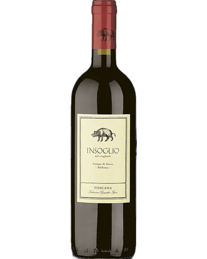 Toscana Rotwein Insoglio del Cinghiale 2024 von Tenuta di Biserno in einer Weinflasche auf einem Weinglas.