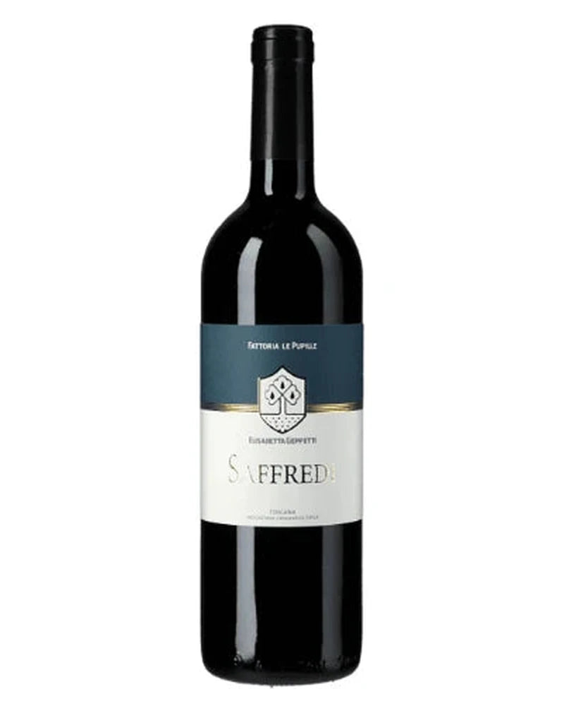 Rotwein Saffredi IGT Toscana 2023 von Fattoria Le Pupille, dunkle Weinflasche mit edlem Etikett, elegantes Design.