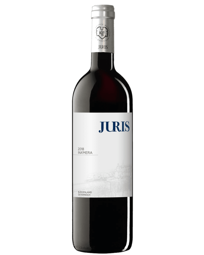 Rotwein Ina'mera Réserve 2018 von Weingut Juris in 0,75 l Flasche, dunkle Weinfarbe und elegantes Weinglas sichtbar